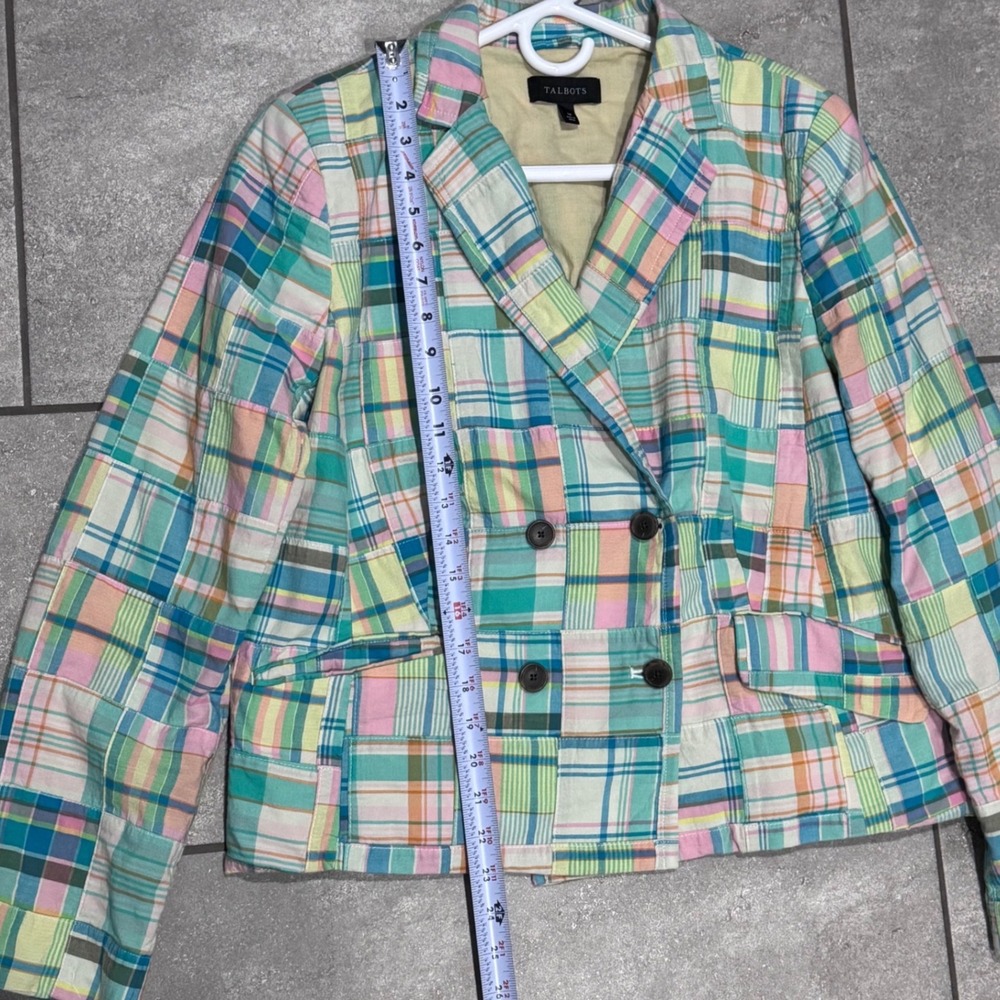 Talbots Blazer Women 14 Multi Madras Patchwork Excellent Cropped Double Breasted - Picture 5 of 12